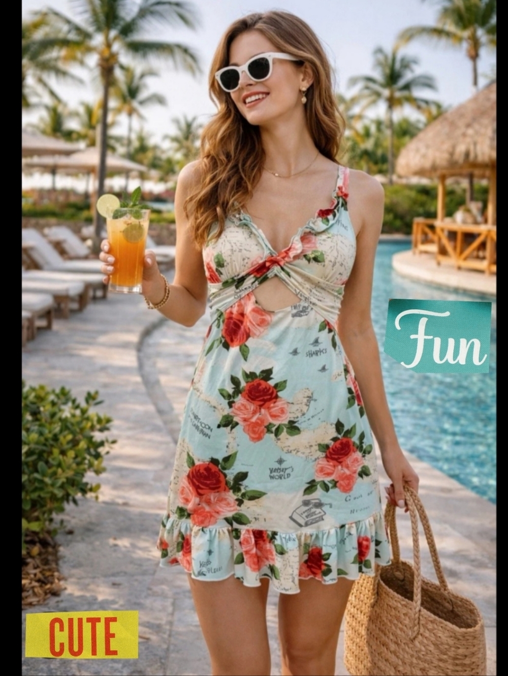 Betsey Johnson Floral Travel Print Slip Dress Chemise Babydoll Coquette Y2k M